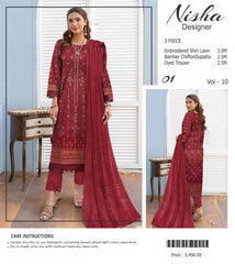 Nisha Designer Lawn | Unstitched Collection 3 Pieces Party Wear| Summer 24